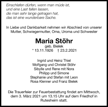 Traueranzeige von Maria Stöhr von Leonberger Kreiszeitung / Strohgäu Extra