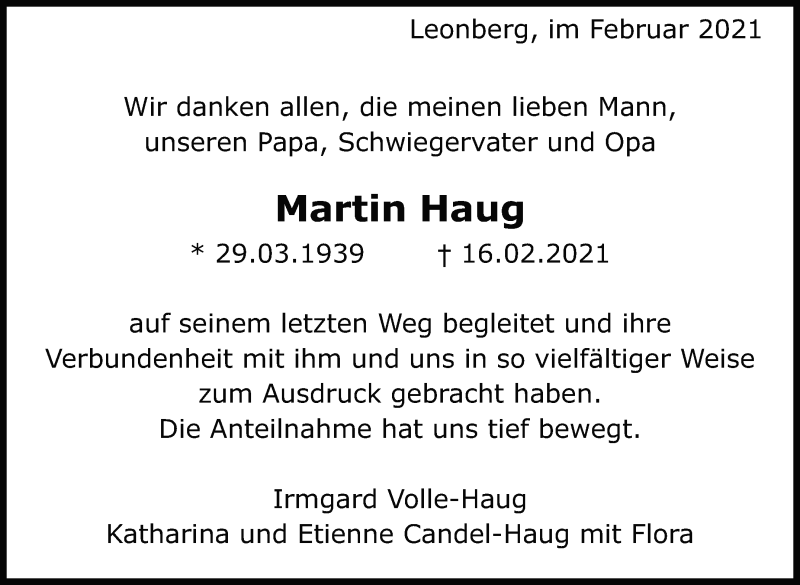  Traueranzeige für Martin Haug vom 27.02.2021 aus Leonberger Kreiszeitung / Strohgäu Extra