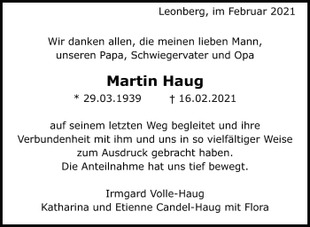 Traueranzeige von Martin Haug von Leonberger Kreiszeitung / Strohgäu Extra