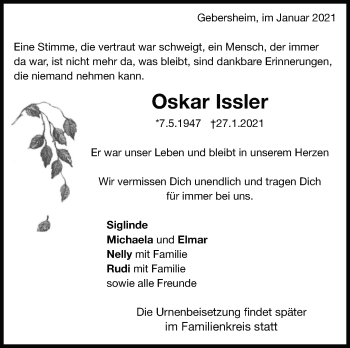 Traueranzeige von Oskar Issler von Leonberger Kreiszeitung / Strohgäu Extra