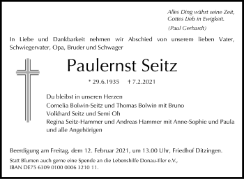 Traueranzeige von Paulernst Seitz von Leonberger Kreiszeitung / Strohgäu Extra