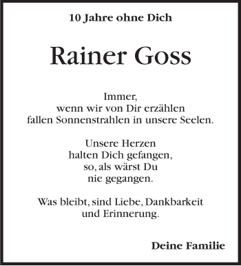 Traueranzeige von Rainer Goss von Leonberger Kreiszeitung / Strohgäu Extra