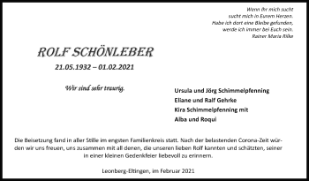 Traueranzeige von Rolf Schönleber von Leonberger Kreiszeitung / Strohgäu Extra