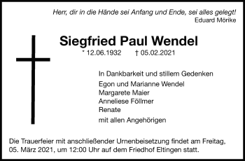Traueranzeige von Siegfried Paul Wendel von Leonberger Kreiszeitung / Strohgäu Extra