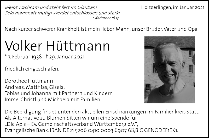  Traueranzeige für Volker Hüttmann vom 02.02.2021 aus Leonberger Kreiszeitung / Strohgäu Extra