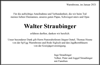 Traueranzeige von Walter Straubinger von Leonberger Kreiszeitung / Strohgäu Extra