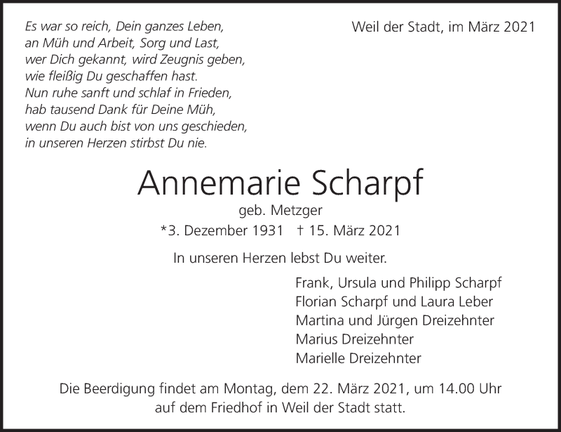 Traueranzeige für Annemarie Scharpf vom 19.03.2021 aus Leonberger Kreiszeitung / Strohgäu Extra