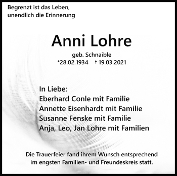 Traueranzeige von Anni Lohre von Leonberger Kreiszeitung / Strohgäu Extra