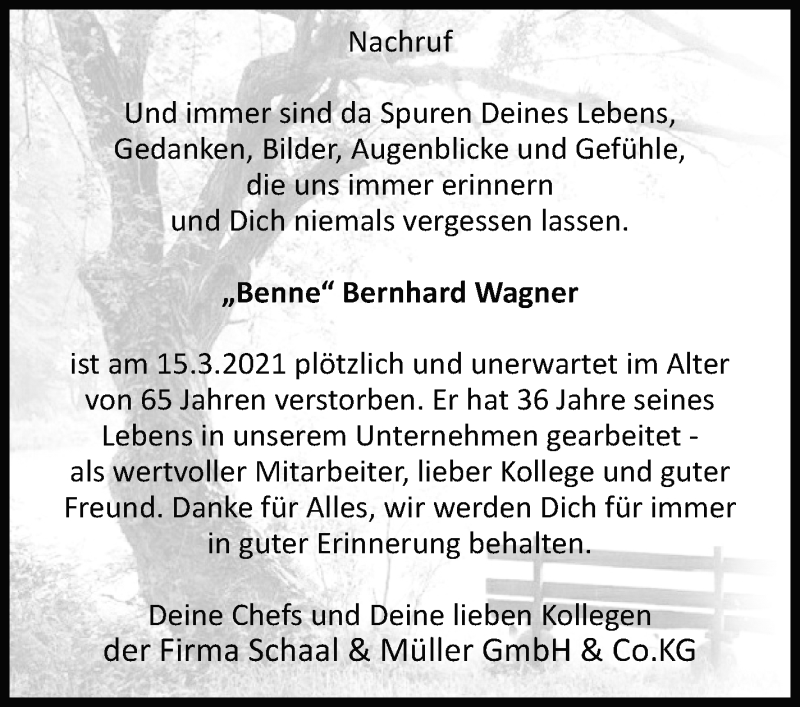  Traueranzeige für Bernhard Wagner vom 31.03.2021 aus Leonberger Kreiszeitung / Strohgäu Extra
