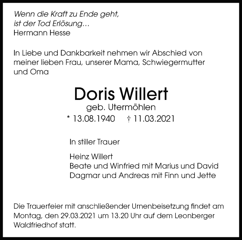  Traueranzeige für Doris Willert vom 20.03.2021 aus Leonberger Kreiszeitung / Strohgäu Extra