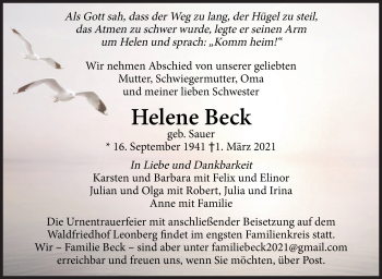 Traueranzeige von Helene Beck von Leonberger Kreiszeitung / Strohgäu Extra
