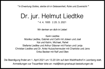 Traueranzeige von Helmut Liedtke von Leonberger Kreiszeitung / Strohgäu Extra