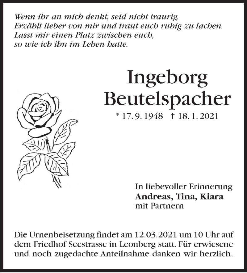  Traueranzeige für Ingeborg Beutelspacher vom 06.03.2021 aus Leonberger Kreiszeitung / Strohgäu Extra