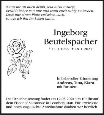 Traueranzeige von Ingeborg Beutelspacher von Leonberger Kreiszeitung / Strohgäu Extra
