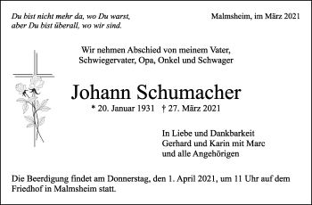 Traueranzeige von Johann Schumacher von Leonberger Kreiszeitung / Strohgäu Extra