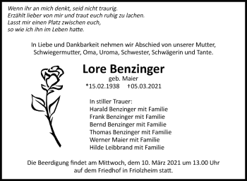 Traueranzeige von Lore Benzinger von Leonberger Kreiszeitung / Strohgäu Extra