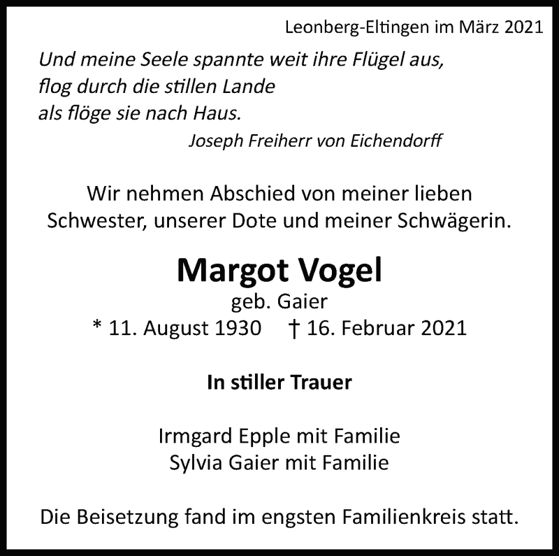  Traueranzeige für Margot Vogel vom 06.03.2021 aus Leonberger Kreiszeitung / Strohgäu Extra