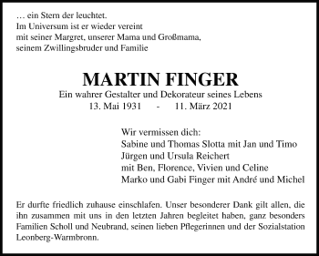 Traueranzeige von Martin Finger von Leonberger Kreiszeitung / Strohgäu Extra