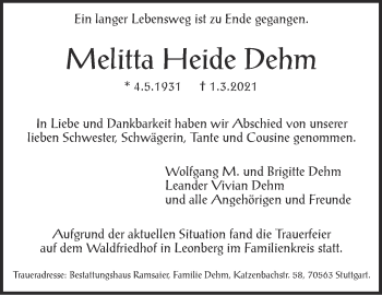 Traueranzeige von Melitta Heide Dehm von Leonberger Kreiszeitung / Strohgäu Extra