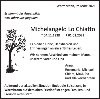 Traueranzeige von Michelangelo  Lo Chiatto von Leonberger Kreiszeitung / Strohgäu Extra