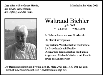 Traueranzeige von Waltraud Bichler von Leonberger Kreiszeitung / Strohgäu Extra