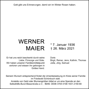 Traueranzeige von Werner Maier von Leonberger Kreiszeitung / Strohgäu Extra