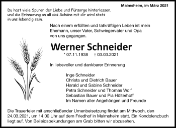 Traueranzeige von Werner Schneider von Leonberger Kreiszeitung / Strohgäu Extra