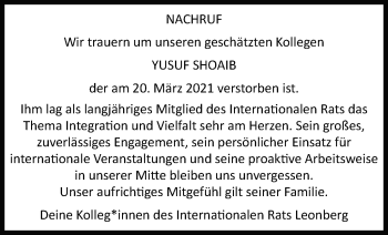 Traueranzeige von Yusuf Shoaib von Leonberger Kreiszeitung / Strohgäu Extra