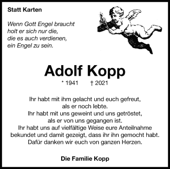Traueranzeige von Adolf Kopp von Leonberger Kreiszeitung / Strohgäu Extra