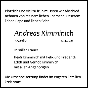 Traueranzeige von Andreas Kimminich von Leonberger Kreiszeitung / Strohgäu Extra