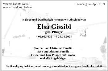 Traueranzeige von Elsa Gissibl von Leonberger Kreiszeitung / Strohgäu Extra