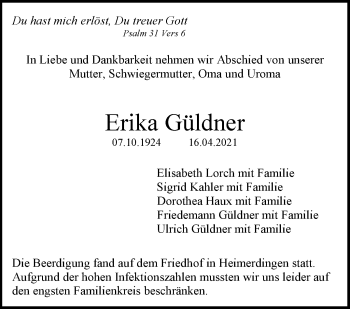 Traueranzeige von Erika Güldner von Leonberger Kreiszeitung / Strohgäu Extra