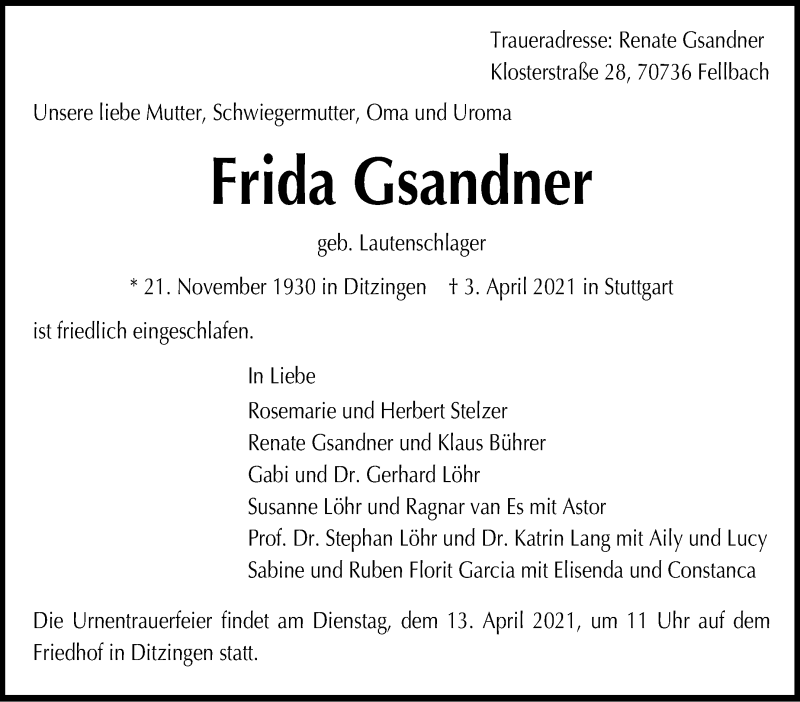  Traueranzeige für Frida Gsandner vom 08.04.2021 aus Leonberger Kreiszeitung / Strohgäu Extra