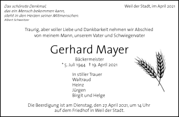 Traueranzeige von Gerhard Mayer von Leonberger Kreiszeitung / Strohgäu Extra
