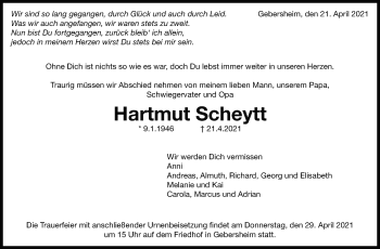 Traueranzeige von Hartmut Scheytt von Leonberger Kreiszeitung / Strohgäu Extra