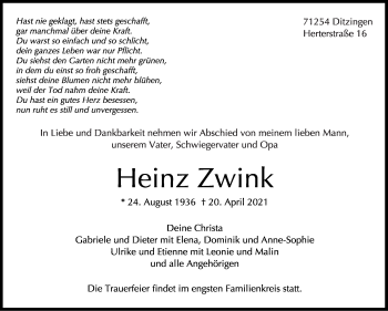Traueranzeige von Heinz Zwink von Leonberger Kreiszeitung / Strohgäu Extra