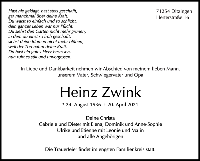  Traueranzeige für Heinz Zwink vom 24.04.2021 aus Leonberger Kreiszeitung / Strohgäu Extra