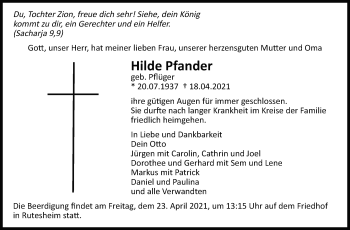 Traueranzeige von Hilde Pfander von Leonberger Kreiszeitung / Strohgäu Extra