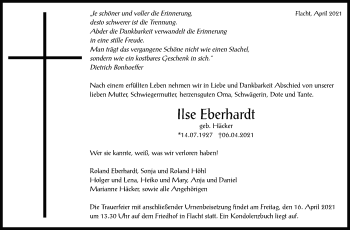 Traueranzeige von Ilse Eberhardt von Leonberger Kreiszeitung / Strohgäu Extra