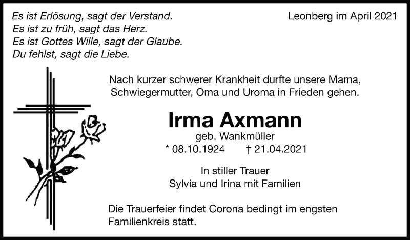  Traueranzeige für Irma Axmann vom 30.04.2021 aus Leonberger Kreiszeitung / Strohgäu Extra
