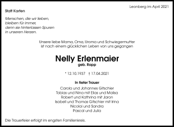 Traueranzeige von Nelly Erlenmaier von Leonberger Kreiszeitung / Strohgäu Extra