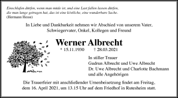 Traueranzeige von Werner Albrecht von Leonberger Kreiszeitung / Strohgäu Extra