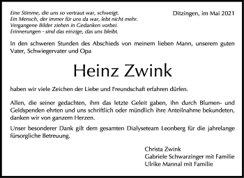 Traueranzeige von Heinz Zwink von Leonberger Kreiszeitung / Strohgäu Extra