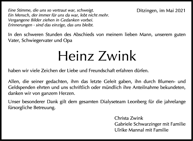  Traueranzeige für Heinz Zwink vom 06.05.2021 aus Leonberger Kreiszeitung / Strohgäu Extra