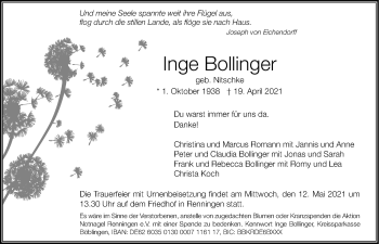 Traueranzeige von Inge Bollinger von Leonberger Kreiszeitung / Strohgäu Extra