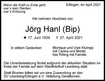 Traueranzeige von Jörg Hanl von Leonberger Kreiszeitung / Strohgäu Extra