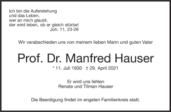 Traueranzeige von Manfred Hauser von Leonberger Kreiszeitung / Strohgäu Extra