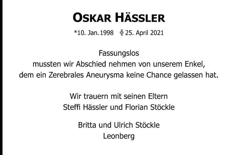  Traueranzeige für Oskar Hässler vom 04.05.2021 aus Leonberger Kreiszeitung / Strohgäu Extra