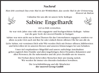 Traueranzeige von Sabine Engelhardt von Leonberger Kreiszeitung / Strohgäu Extra