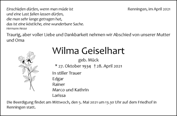 Traueranzeige von Wilma Geiselhart von Leonberger Kreiszeitung / Strohgäu Extra